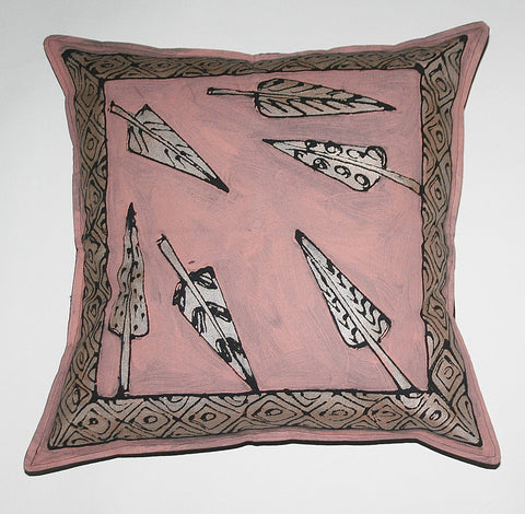 African Pillow Silver Feathers Pink Silver Black 19" X 19"