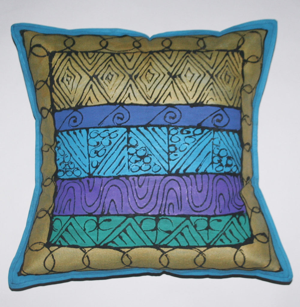 African Pillow Geometric Gold Blue Green Purple Hand Painted in South Africa Xhosa Tribal Textile  Fair Trade Free  Shipping U.S. - Cultures International From Africa To Your Home