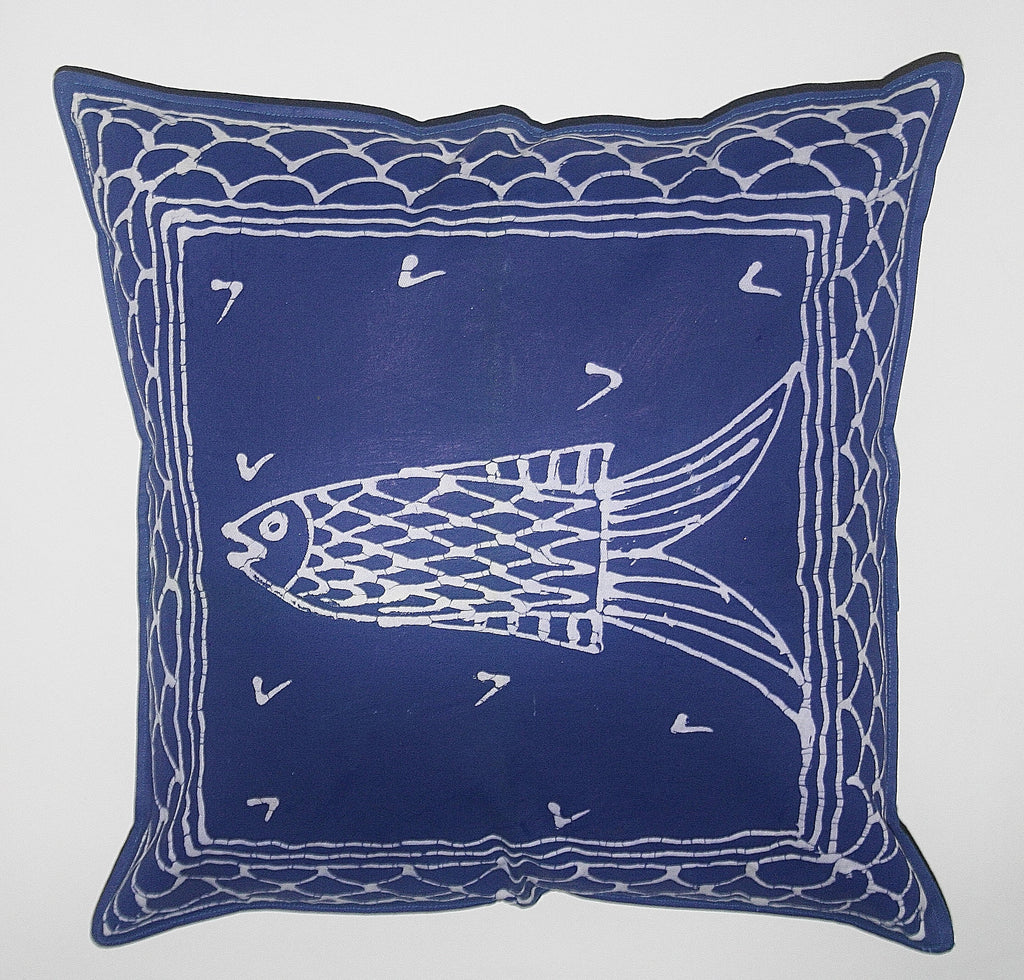 African Pillow Hand Painted Fish Blue 19" X 19" - Cultures International From Africa To Your Home