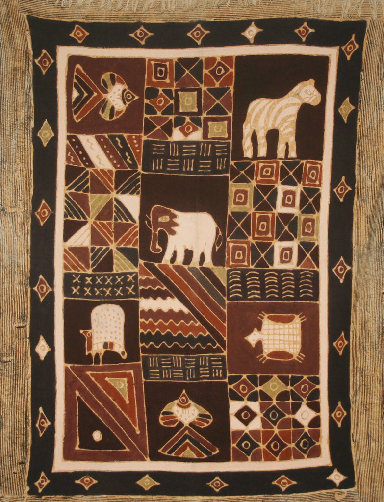 African Batik Zimbabwe Abstract Geometric Tribal Design Brown Gold Cream Handmade 54"W X 78"L Vintage - Cultures International From Africa To Your Home