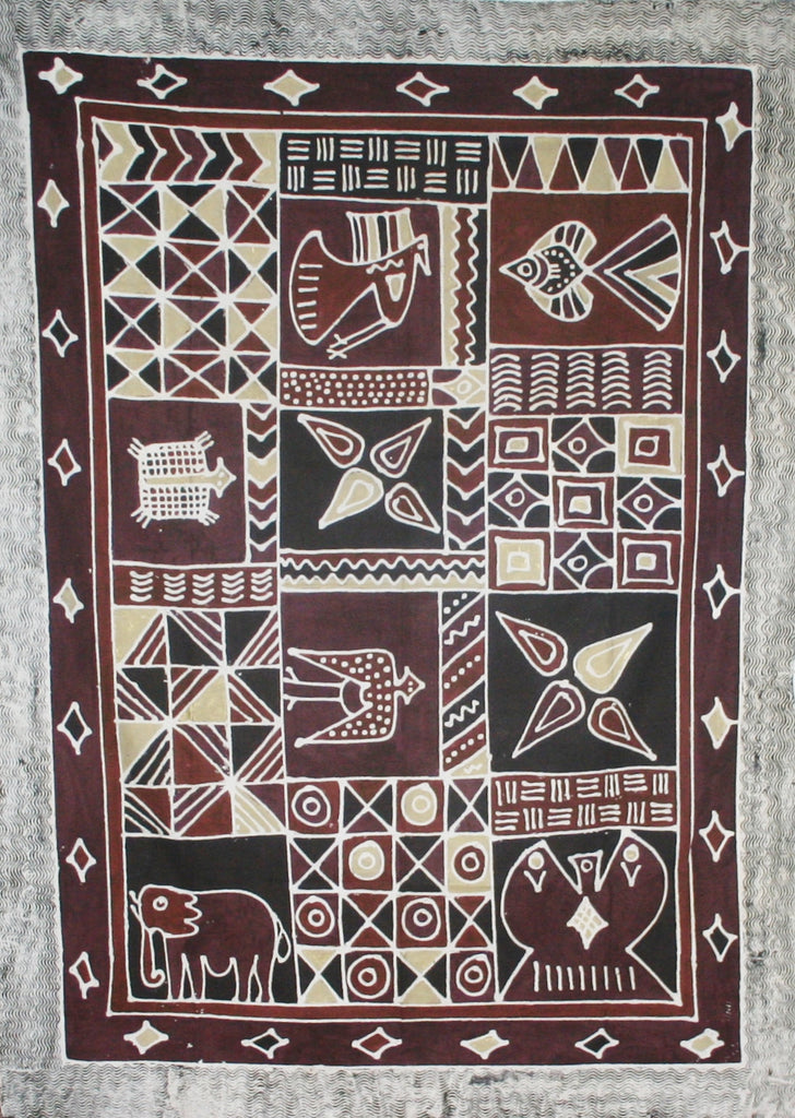 African Batik Tapestry Handcrafted in Zimbabwe  Brown Gold Burgundy Vintage 57" X 78" - Cultures International From Africa To Your Home
