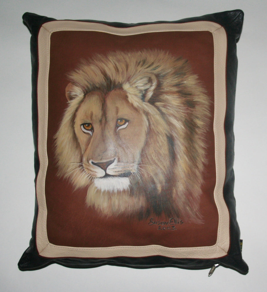 African Lion Original Art Leather & Suede Pillow Cover Original Painting on Leather - Cultures International From Africa To Your Home