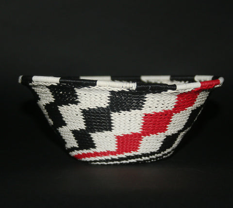 African Telephone Wire Bowl Zulu Basket White Black Red Swirl - 7.5" D X 3.75" H - Cultures International From Africa To Your Home