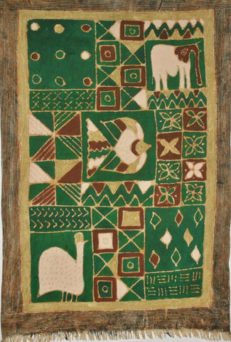 African Batik Tapestry, Elephant Design Green Gold