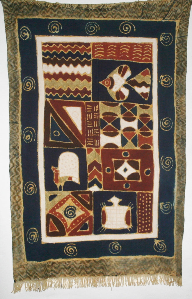 African Sadza Batik Tapestry, Turtle, Gunea Fowl, Fish Geometric  Tribal Design Navy, Gold, White Gold  34"W X 55"L - Cultures International From Africa To Your Home
