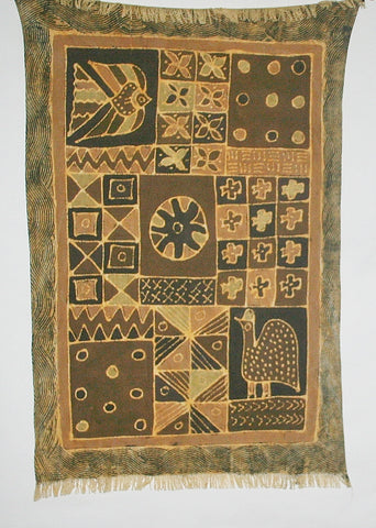 African Sadza Batik Tapestry  Geometric  Tribal Design, Gold, Brown  35"W X 55"L
