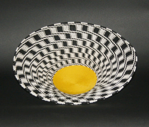 African Telephone Wire Bowl Zulu Basket Black White Yellow- 11.5"D X 3"H