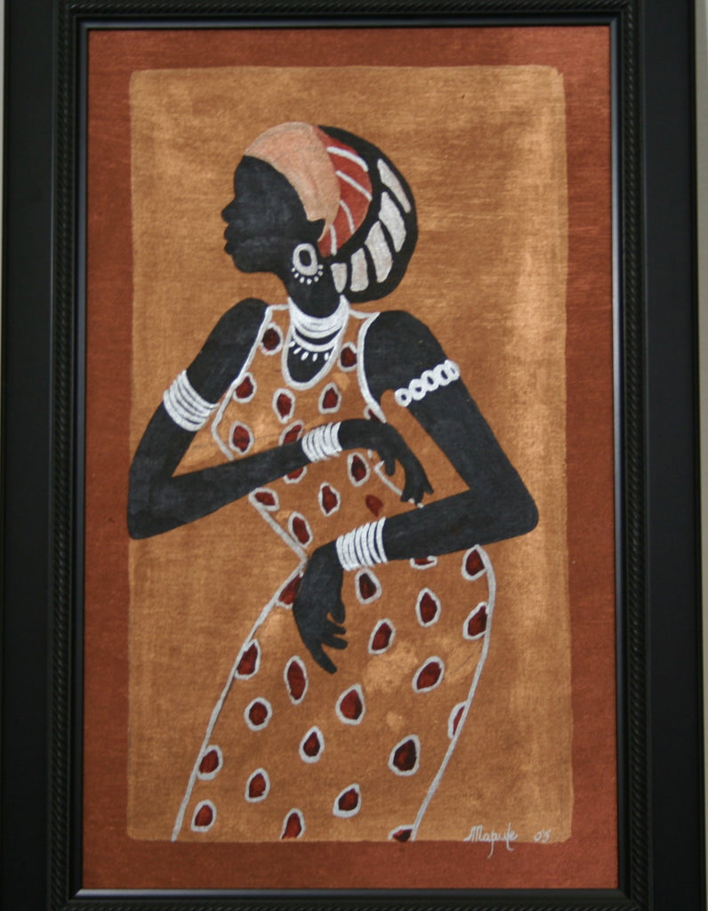 African Woman Painting Modern Xhosa Tribal Woman III Acrylic on Textile Framed in Black Original Art 24"H X 16"W - Cultures International From Africa To Your Home