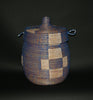 African Basket Lidded Blue White Natural Senegal Hand woven Grass and Plastic - Cultures International From Africa To Your Home