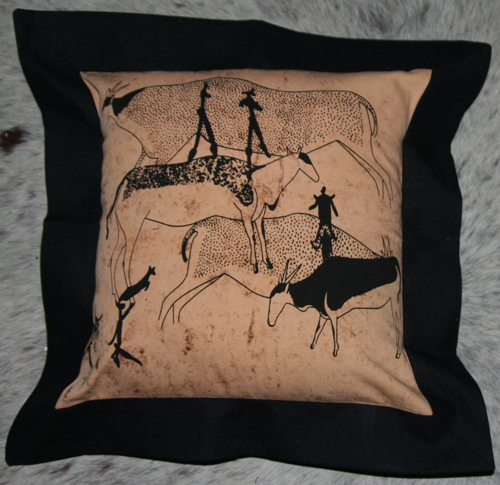 Tribal African Bushman Cave Art Pillow Handmade Tan/Black - Cultures International From Africa To Your Home