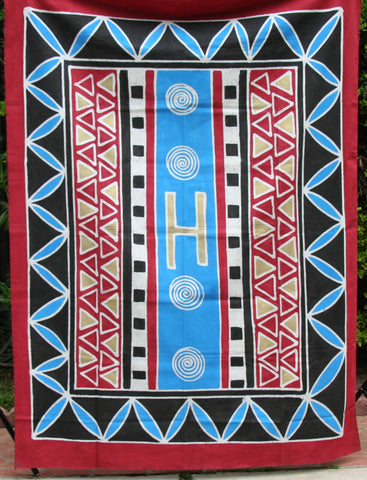 African Batik Zimbabwe 56" X 74" - Vintage Red, Blue, Black Gold, Natural