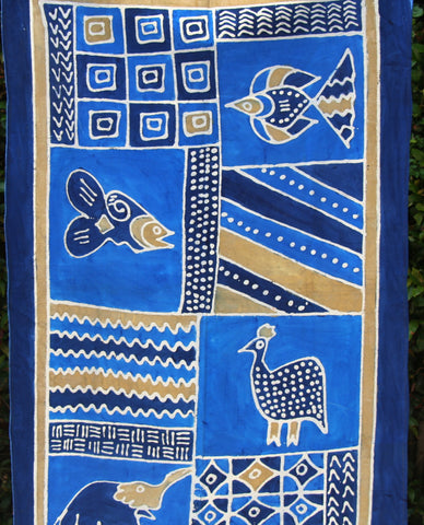 African Batik Zimbabwe 37" X 60" - Elephant  Fish  Guinea Fowl in Abstract Blue Gold White
