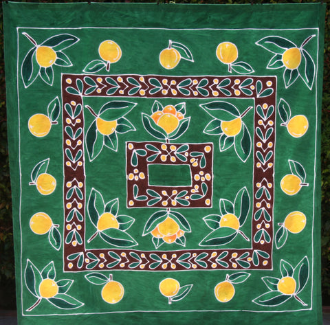 Zulu Summer Oranges Tablecloth Green/Yellow - Handpainted - South Arica 57"X60" - Cultures International From Africa To Your Home