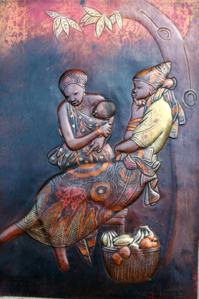 African Copper Art  Women/Baby Under the Cassava Tree - Congo - 23"HX15.5" - Cultures International From Africa To Your Home