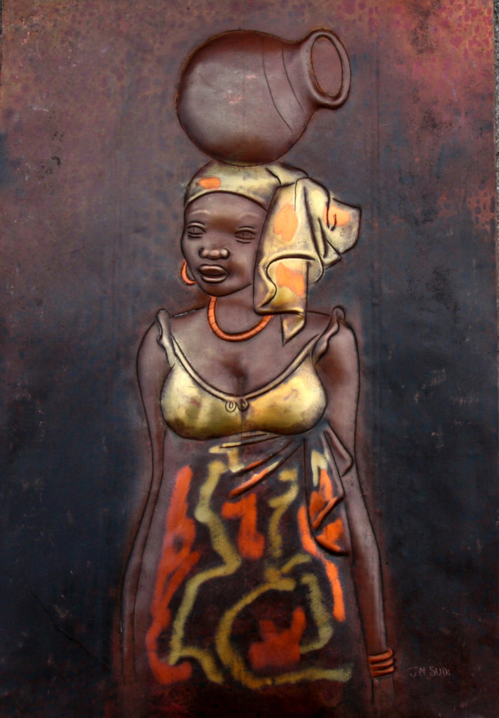 African Copper Art  - African Beauty Serenely Carrying Pot -Congo DRC - 8" X 12" - Cultures International From Africa To Your Home
