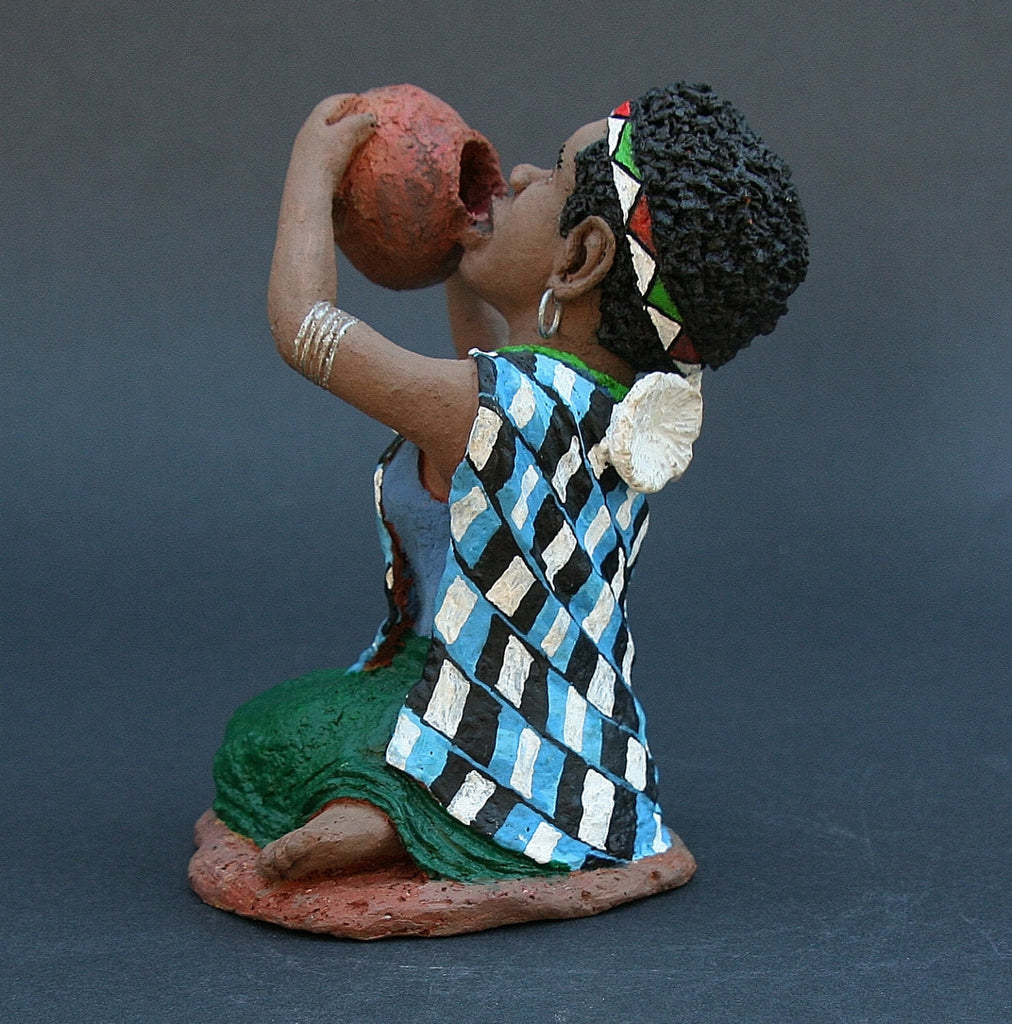 African Woman Sculpture Drinking from Pot 5.75" X 3.5" X 3.5" - Cultures International From Africa To Your Home
