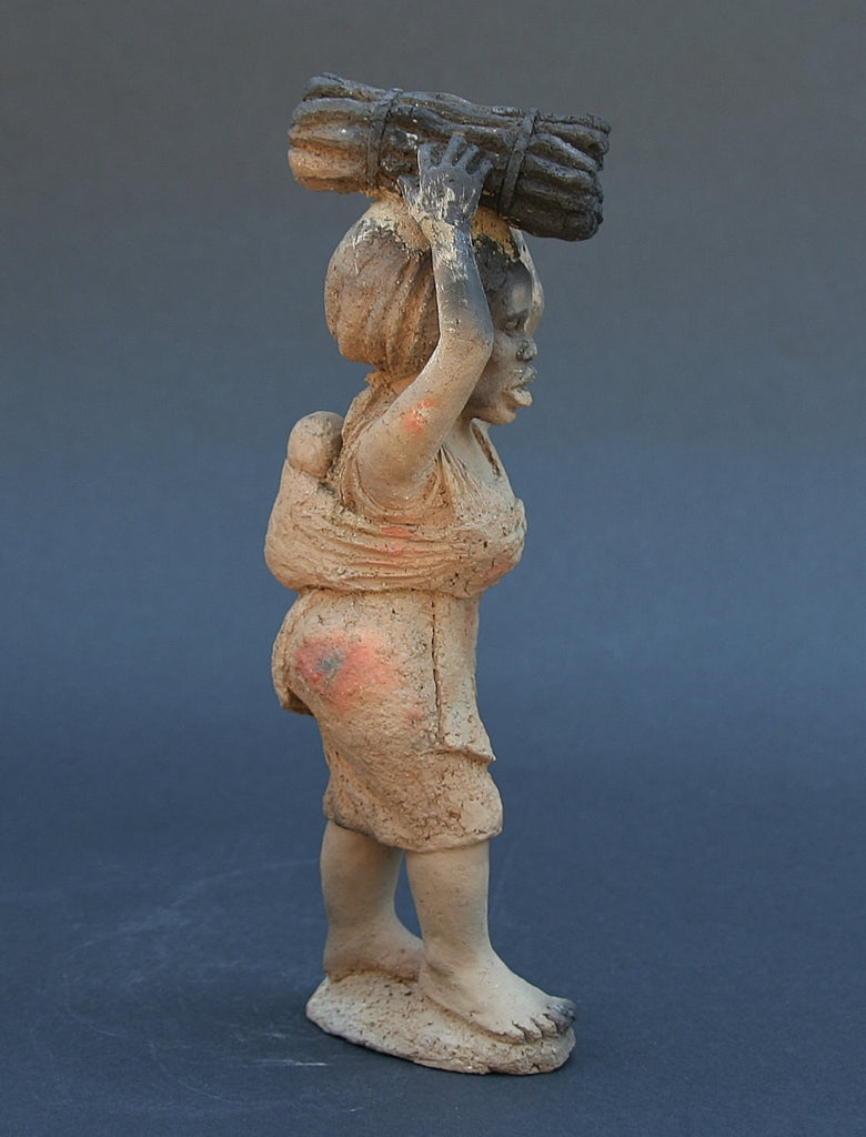 African Sculpture Woman Carrying Firewood with Baby On Back  9.75" X 3.5" - Cultures International From Africa To Your Home