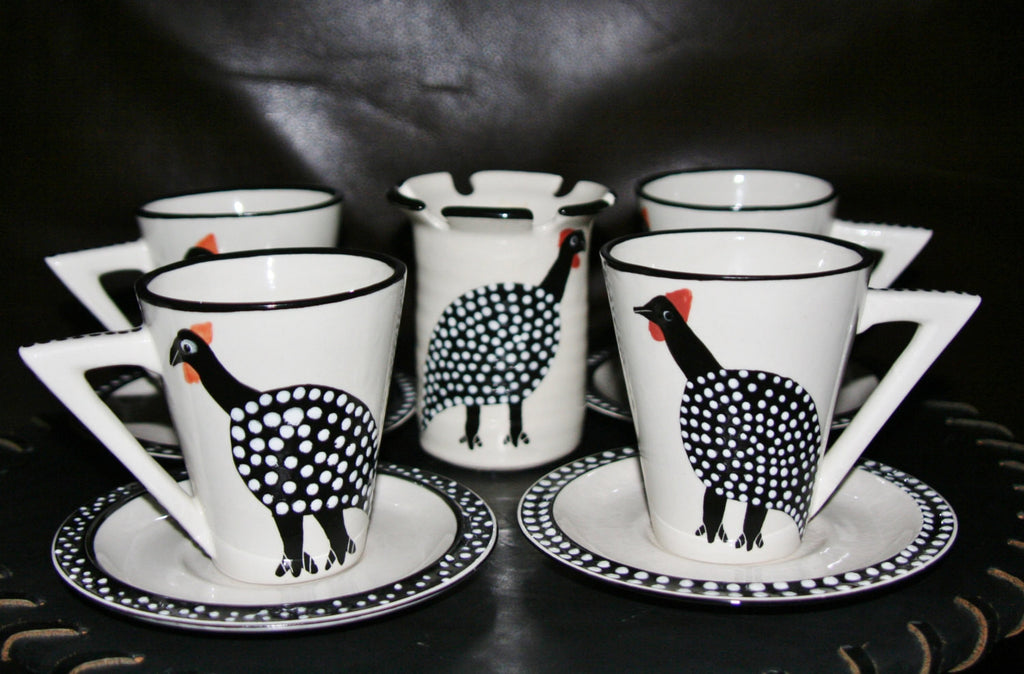 Ceramic Tea/Coffee Set Guinea Fowl Spoon Caddy 9 Pc. South Africa - Cultures International From Africa To Your Home