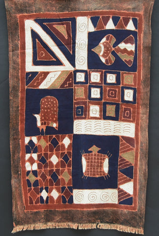 African Batik Textile Turtle, Fish, Guinea Fowl,Tribal Design 34" X 55" Handmade Zimbabwe
