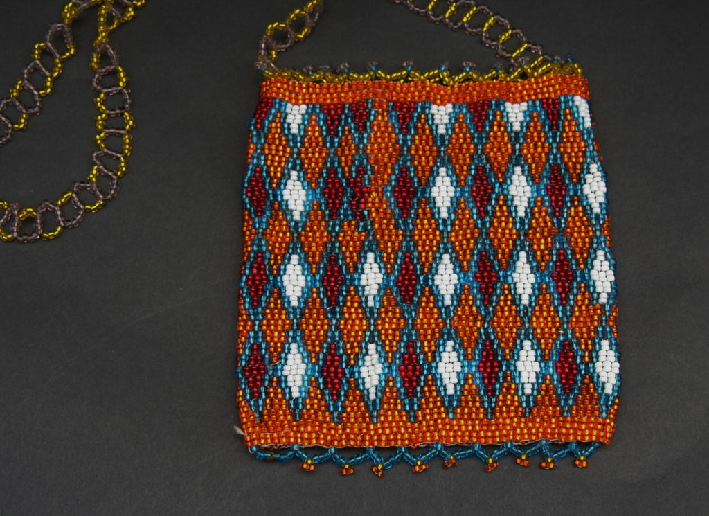 African Beaded Cell Phone Holder Bag OrangeGold Blue, White Long Shoulder Strap Handcrafted South Africa - Cultures International From Africa To Your Home
