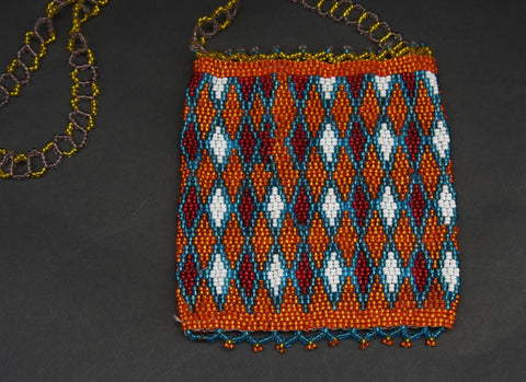 African Beaded Cell Phone Holder Bag OrangeGold Blue, White Long Shoulder Strap Handcrafted South Africa - Cultures International From Africa To Your Home
