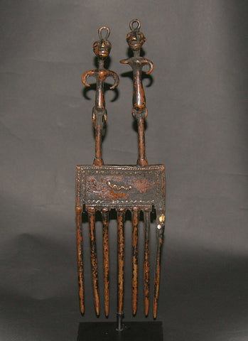 Bronze African Comb Antique Hair Pick Benin Male and Female Figurines