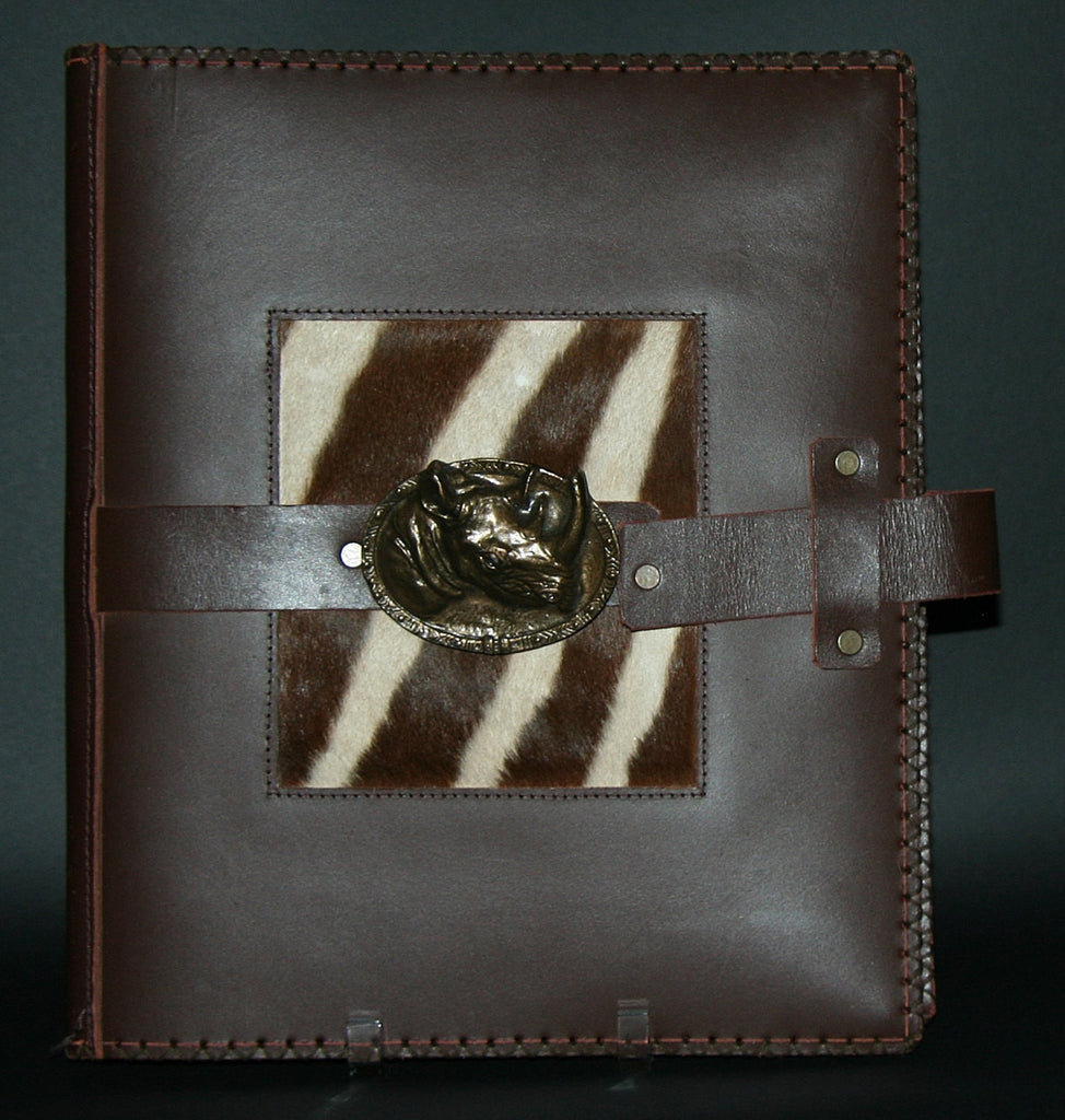 Leather Album Portfolio Cover Zebra Inlay Large Rhino Medallion Brown - Cultures International From Africa To Your Home