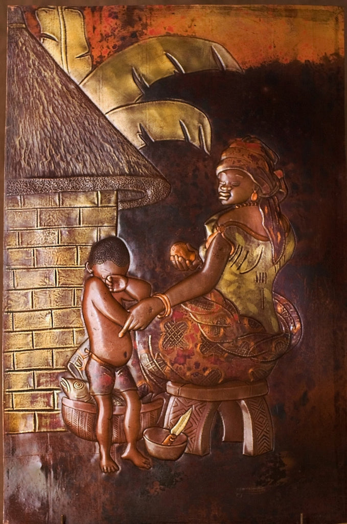African Copper Art Relief Tribal Mother & Son 15" X 23" - Cultures International From Africa To Your Home
