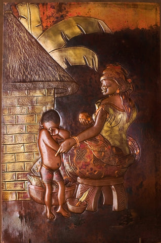 African Copper Art Relief Tribal Mother & Son 15" X 23"