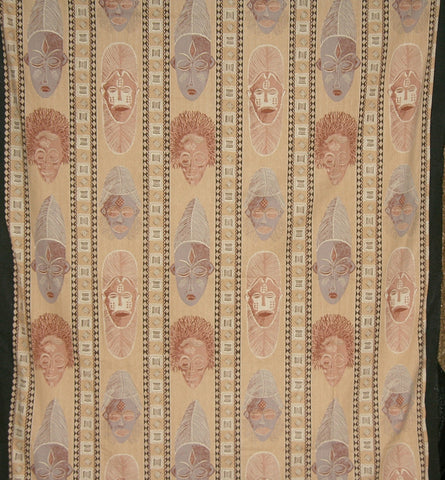 African Masks Wall Hanging Fabric Desert Sand Gray Brown Screen Print Zimbabwe 60" X 84"