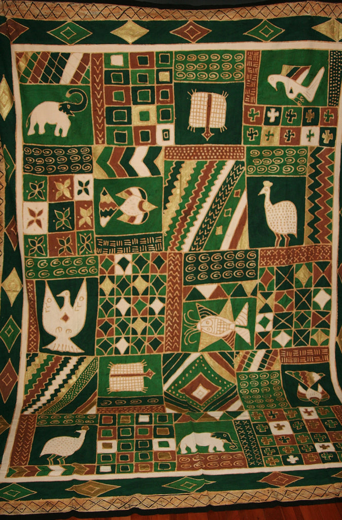 African Batik Zimbabwe Tapestry/Fabric Green Cocoa Gold Cream 89"W X 120"L - Cultures International From Africa To Your Home