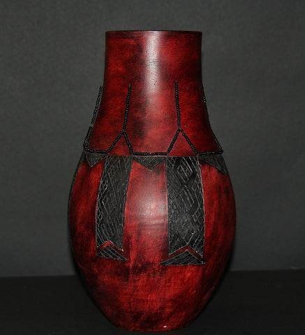 African Clay Red Black Vase II Tribal Design Black Beads Handcrafted  13" H X 9" W - Cultures International From Africa To Your Home
